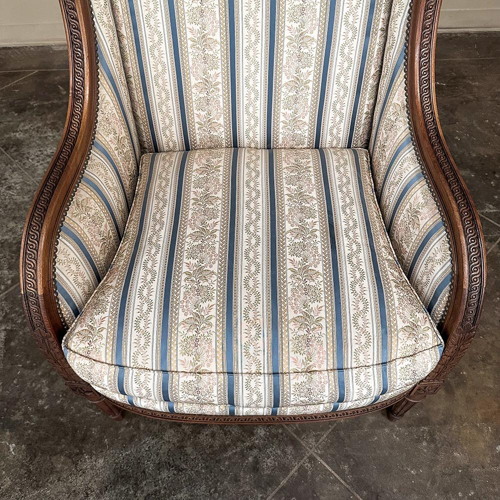 Pair Antique French Louis XVI Walnut Upholstered Bergeres ~ Armchairs For Sale 10