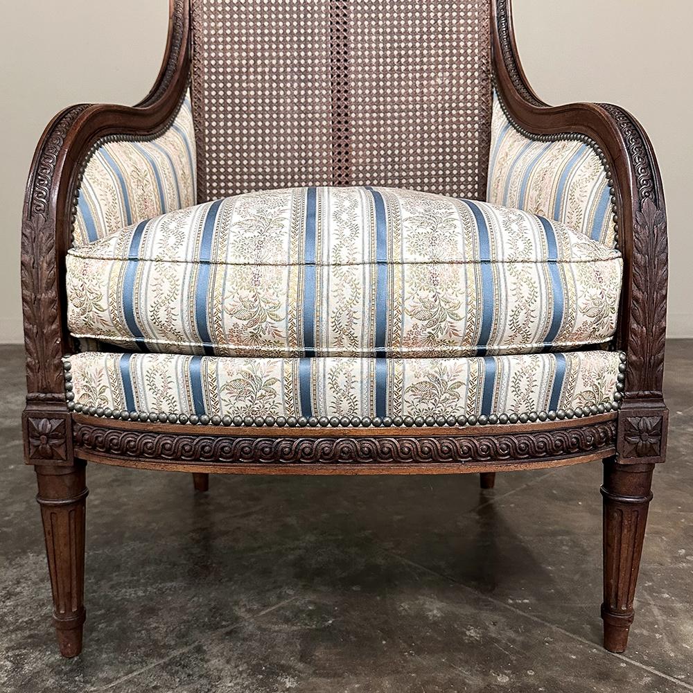 Pair Antique French Louis XVI Walnut Upholstered Bergeres ~ Armchairs For Sale 11