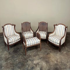 Pair Antique French Louis XVI Walnut Upholstered Bergeres ~ Armchairs