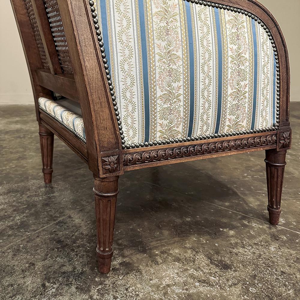 Pair Antique French Louis XVI Walnut Upholstered Bergeres ~ Armchairs For Sale 14