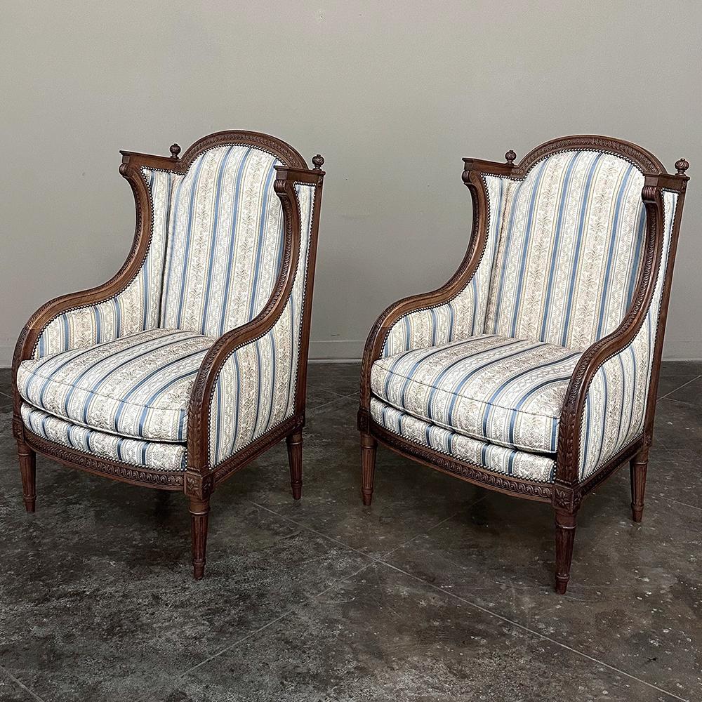 Hand-Carved Pair Antique French Louis XVI Walnut Upholstered Bergeres ~ Armchairs For Sale