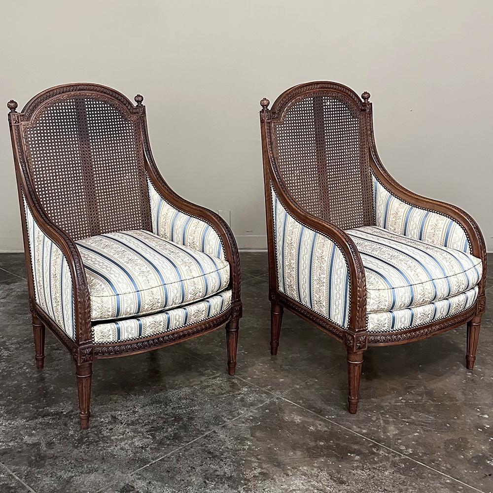 Hand-Carved Pair Antique French Louis XVI Walnut Upholstered Bergeres ~ Armchairs For Sale