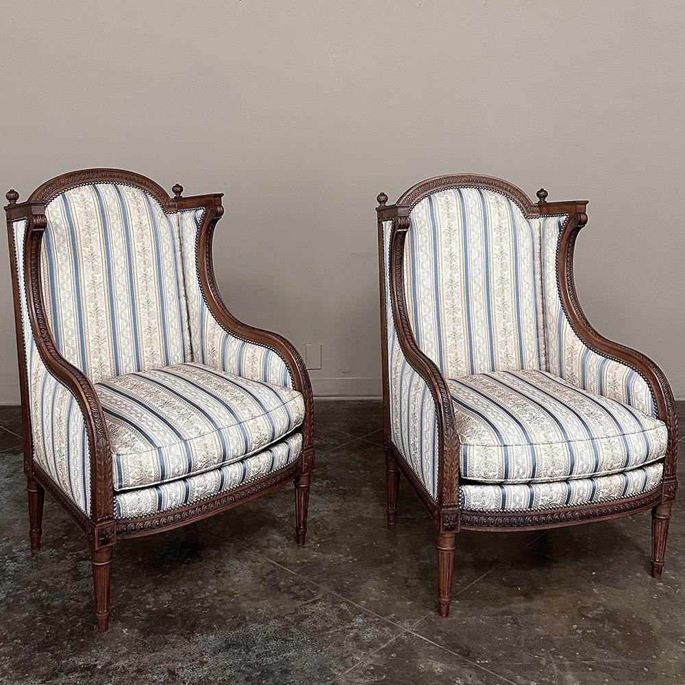 Pair Antique French Louis XVI Walnut Upholstered Bergeres ~ Armchairs In Good Condition For Sale In Dallas, TX