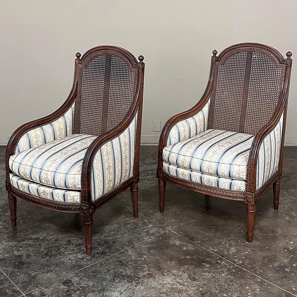 Pair Antique French Louis XVI Walnut Upholstered Bergeres ~ Armchairs In Good Condition For Sale In Dallas, TX