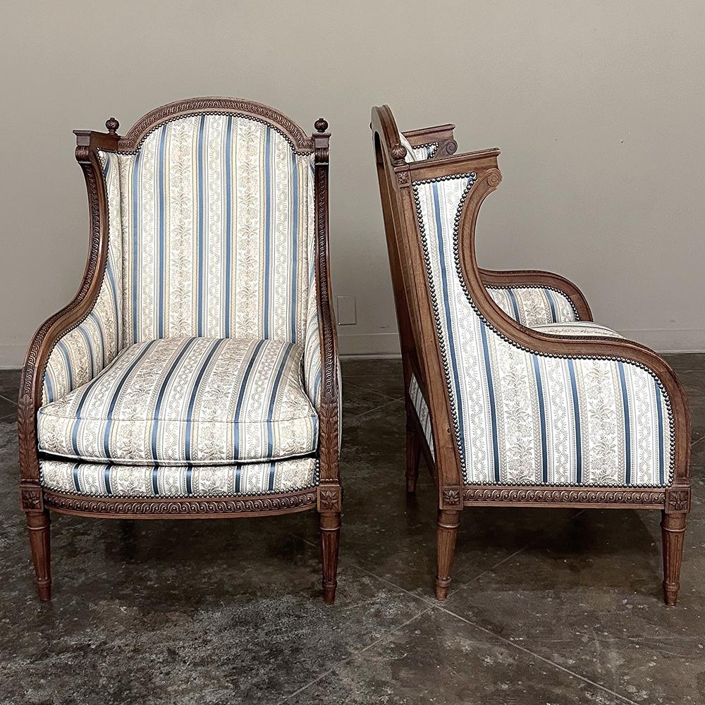 20th Century Pair Antique French Louis XVI Walnut Upholstered Bergeres ~ Armchairs For Sale