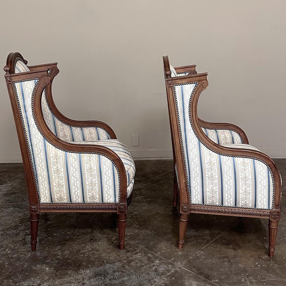 Fabric Pair Antique French Louis XVI Walnut Upholstered Bergeres ~ Armchairs For Sale