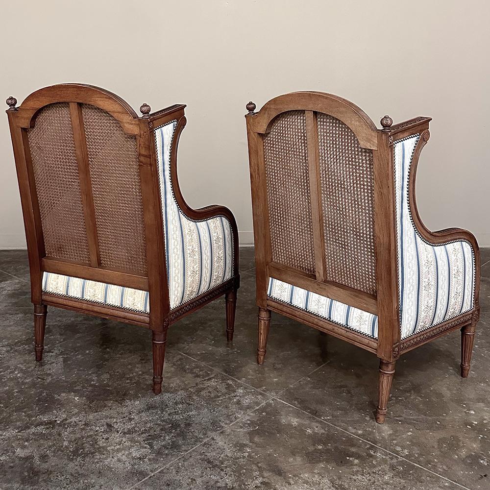 Pair Antique French Louis XVI Walnut Upholstered Bergeres ~ Armchairs For Sale 1