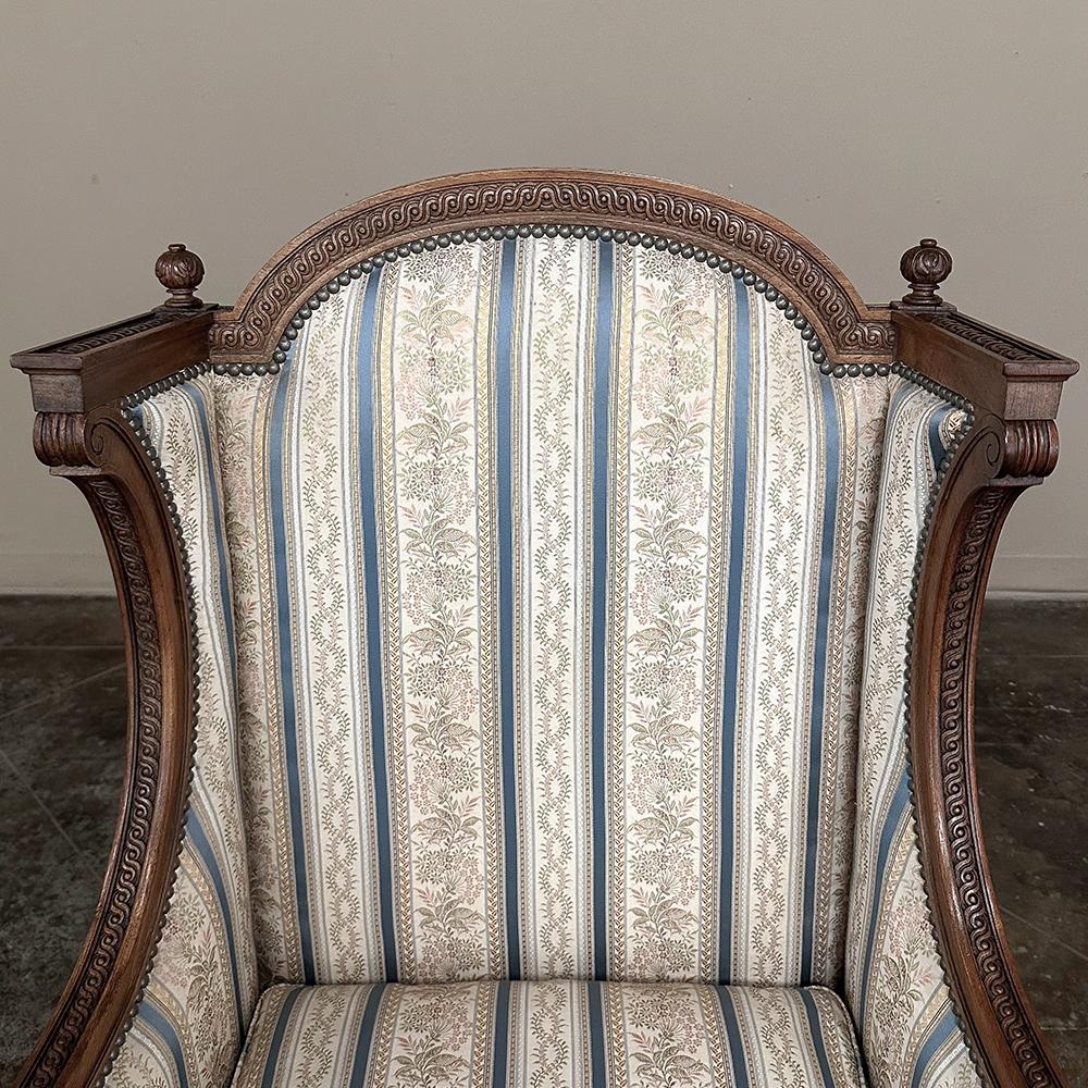 Pair Antique French Louis XVI Walnut Upholstered Bergeres ~ Armchairs For Sale 2