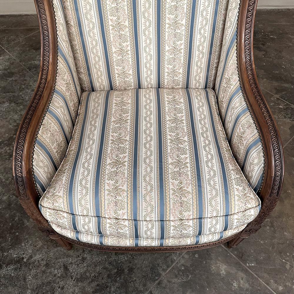 Pair Antique French Louis XVI Walnut Upholstered Bergeres ~ Armchairs For Sale 3