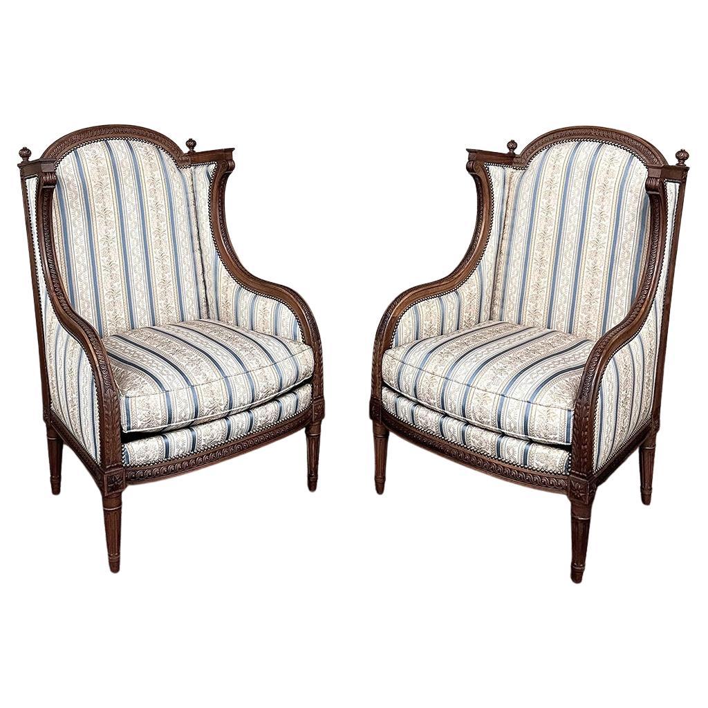 Pair Antique French Louis XVI Walnut Upholstered Bergeres ~ Armchairs For Sale