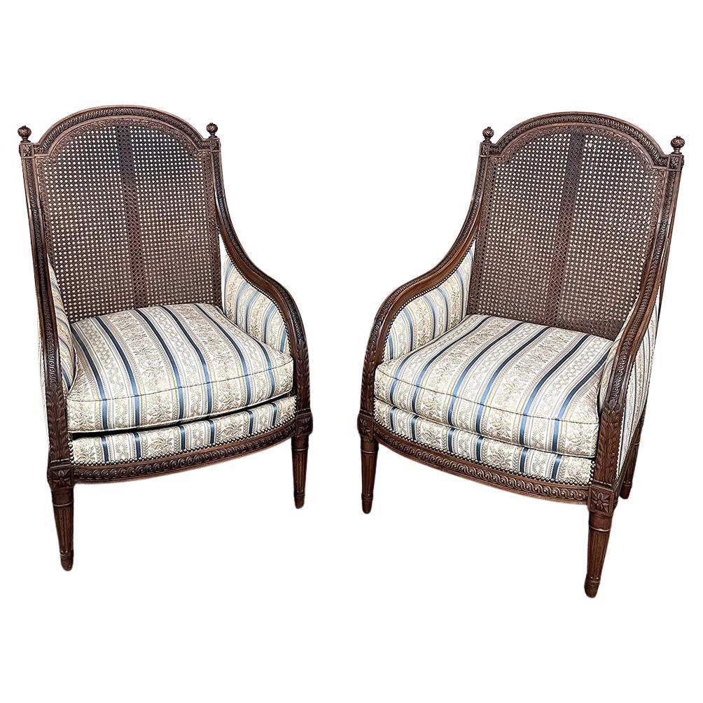 Pair Antique French Louis XVI Walnut Upholstered Bergeres ~ Armchairs