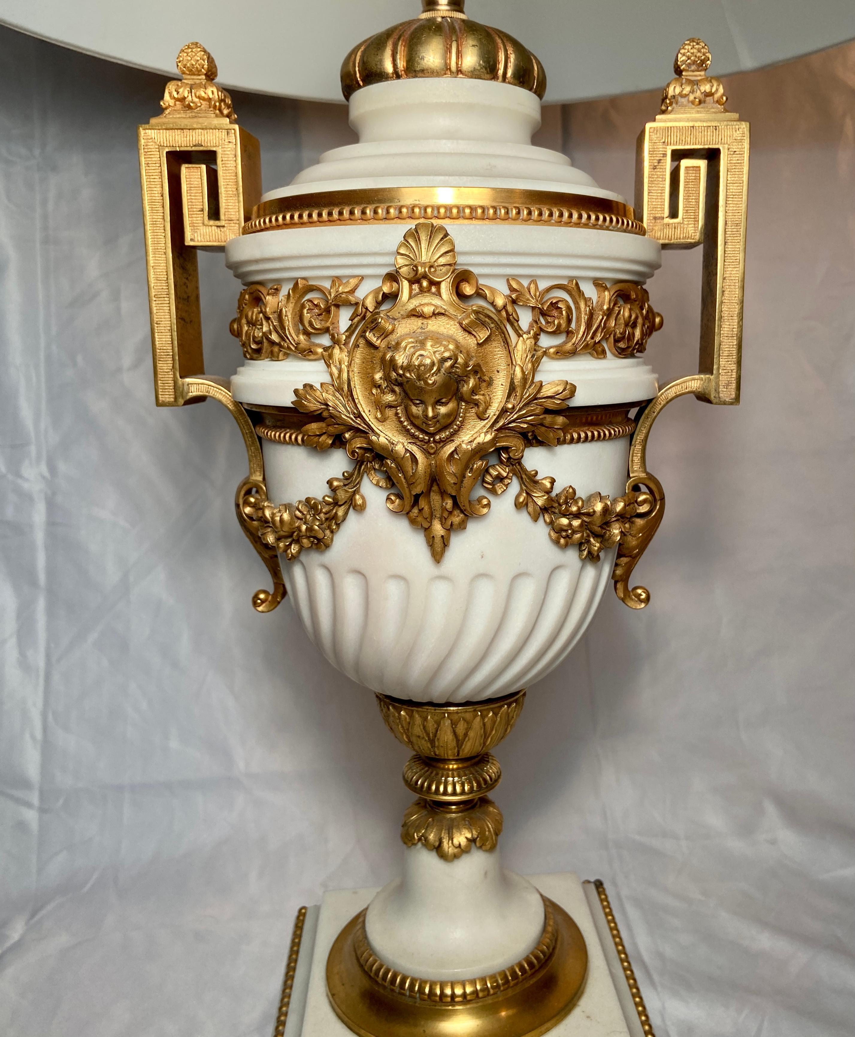 Pair Antique French Louis XVI White Marble and Ormolu Urn Lamps, Circa 1840-1860 In Good Condition For Sale In New Orleans, LA