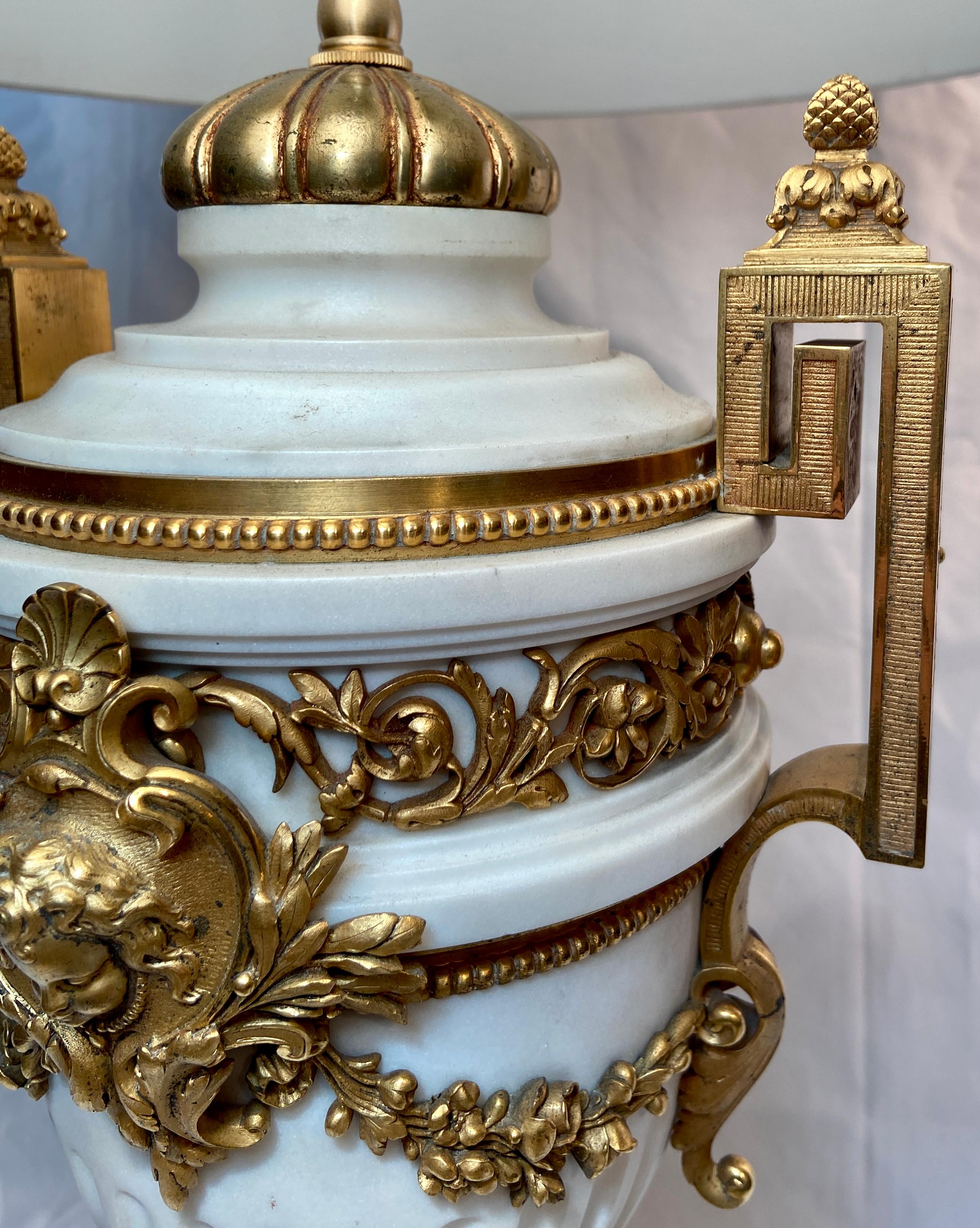 19th Century Pair Antique French Louis XVI White Marble and Ormolu Urn Lamps, Circa 1840-1860 For Sale