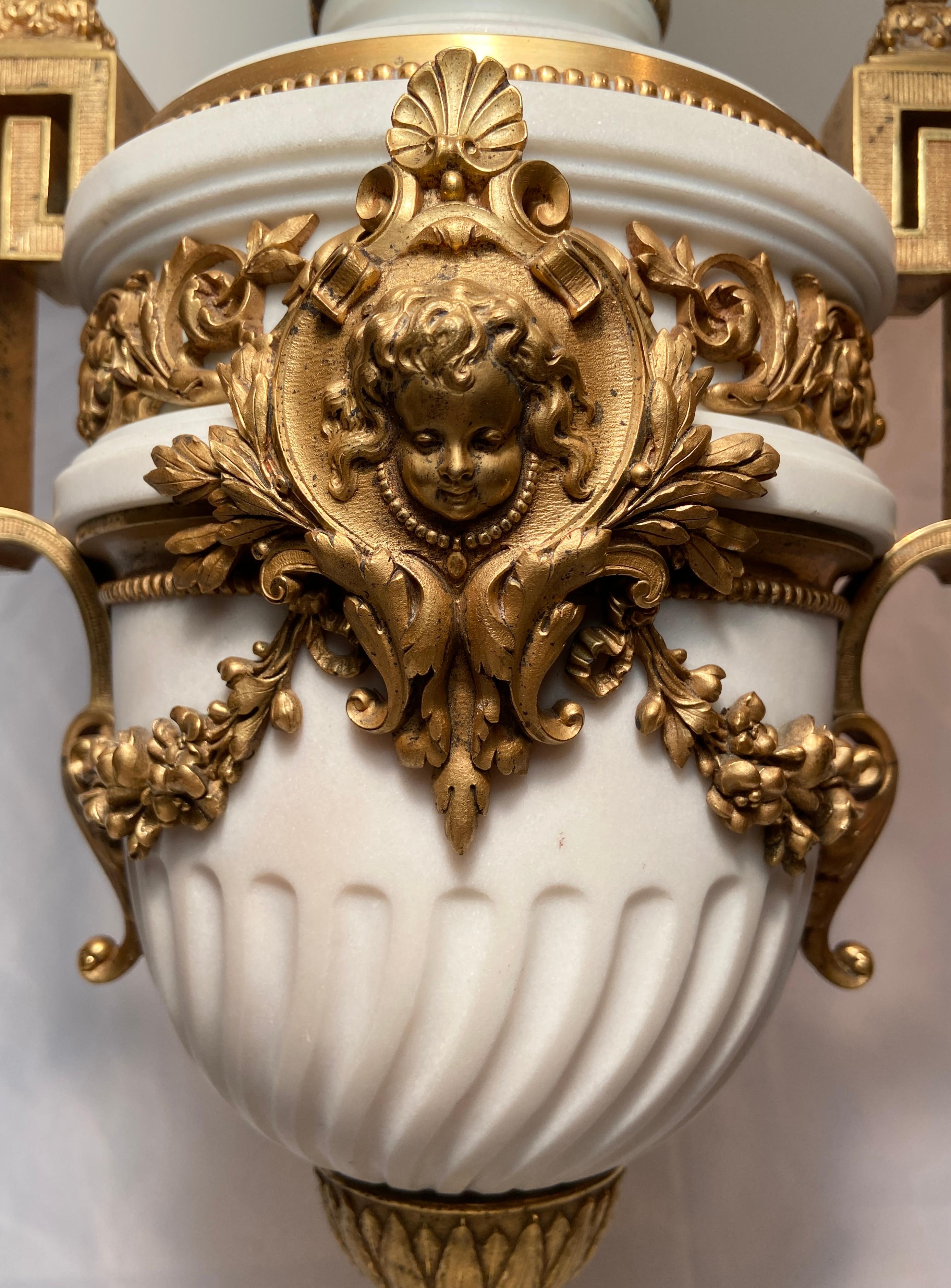 Pair Antique French Louis XVI White Marble and Ormolu Urn Lamps, Circa 1840-1860 For Sale 1