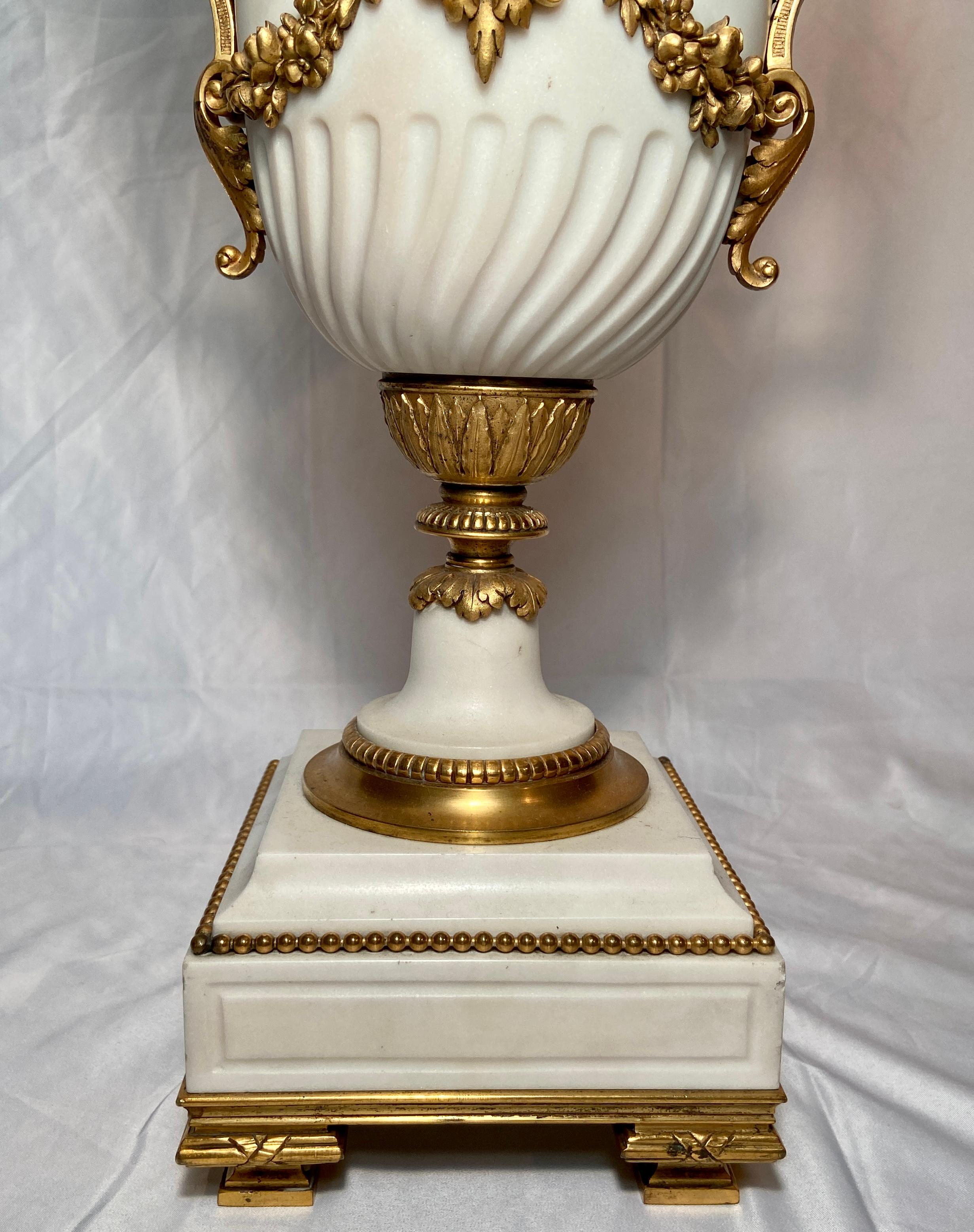 Pair Antique French Louis XVI White Marble and Ormolu Urn Lamps, Circa 1840-1860 For Sale 2