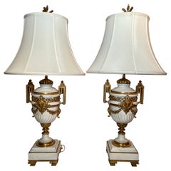 Pair Antique French Louis XVI White Marble and Ormolu Urn Lamps, Circa 1840-1860 Pair Antique French Louis XVI White Marble and Ormolu Urn Lamps, Circa 1840-1860