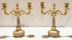 Pair Antique French Louis XVI White Marble & Gold Bronze Candelabra, Circa 1885.