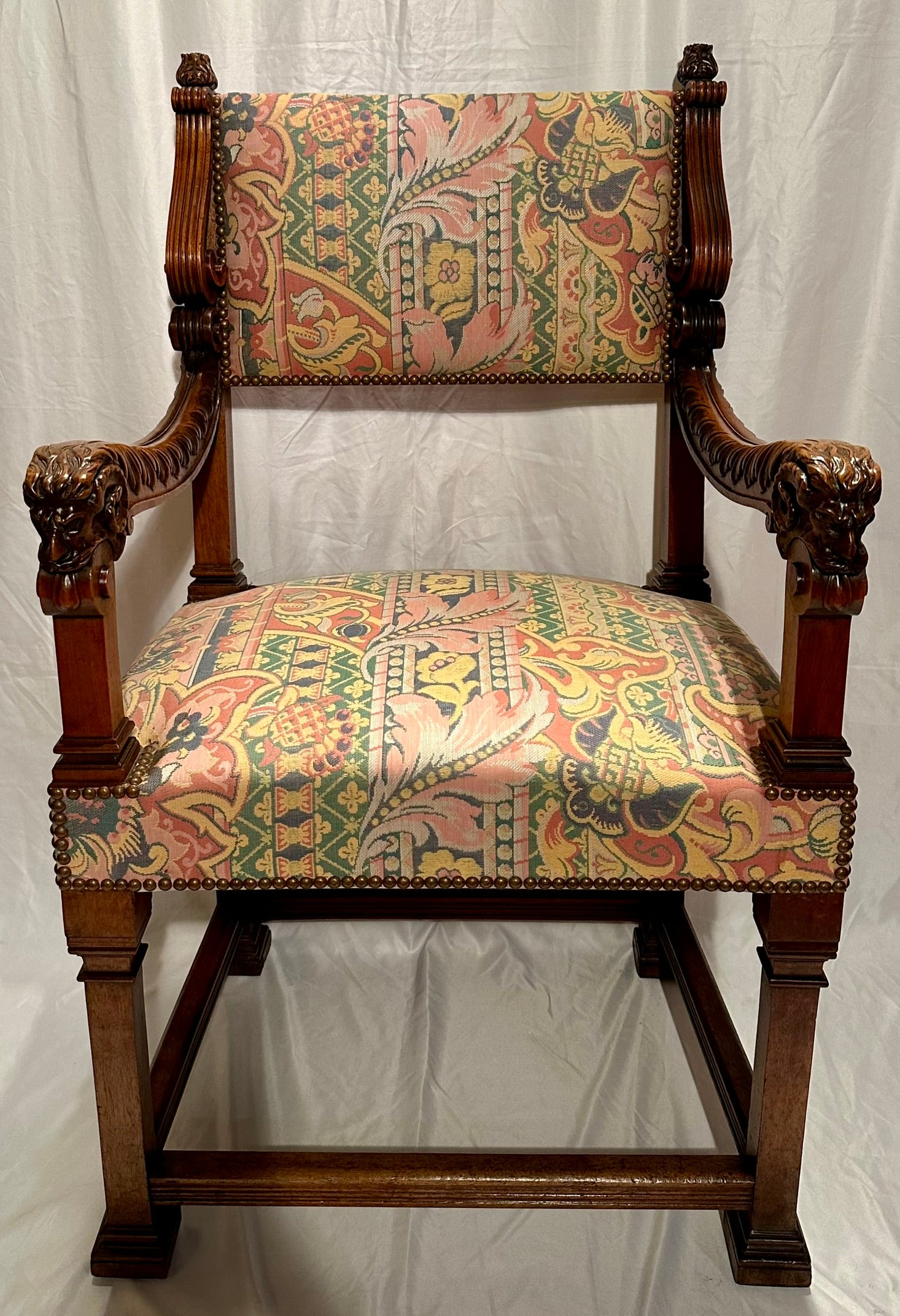 Pair Antique French François Premier Style Walnut Armchairs Signed 