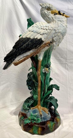 Pair Antique French Majolica Figural Bird Umbrella Stands, Circa 1890.