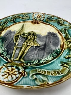 Pair Antique French Majolica Hand-Painted Blue & Green Porcelain Plates Ca. 1900