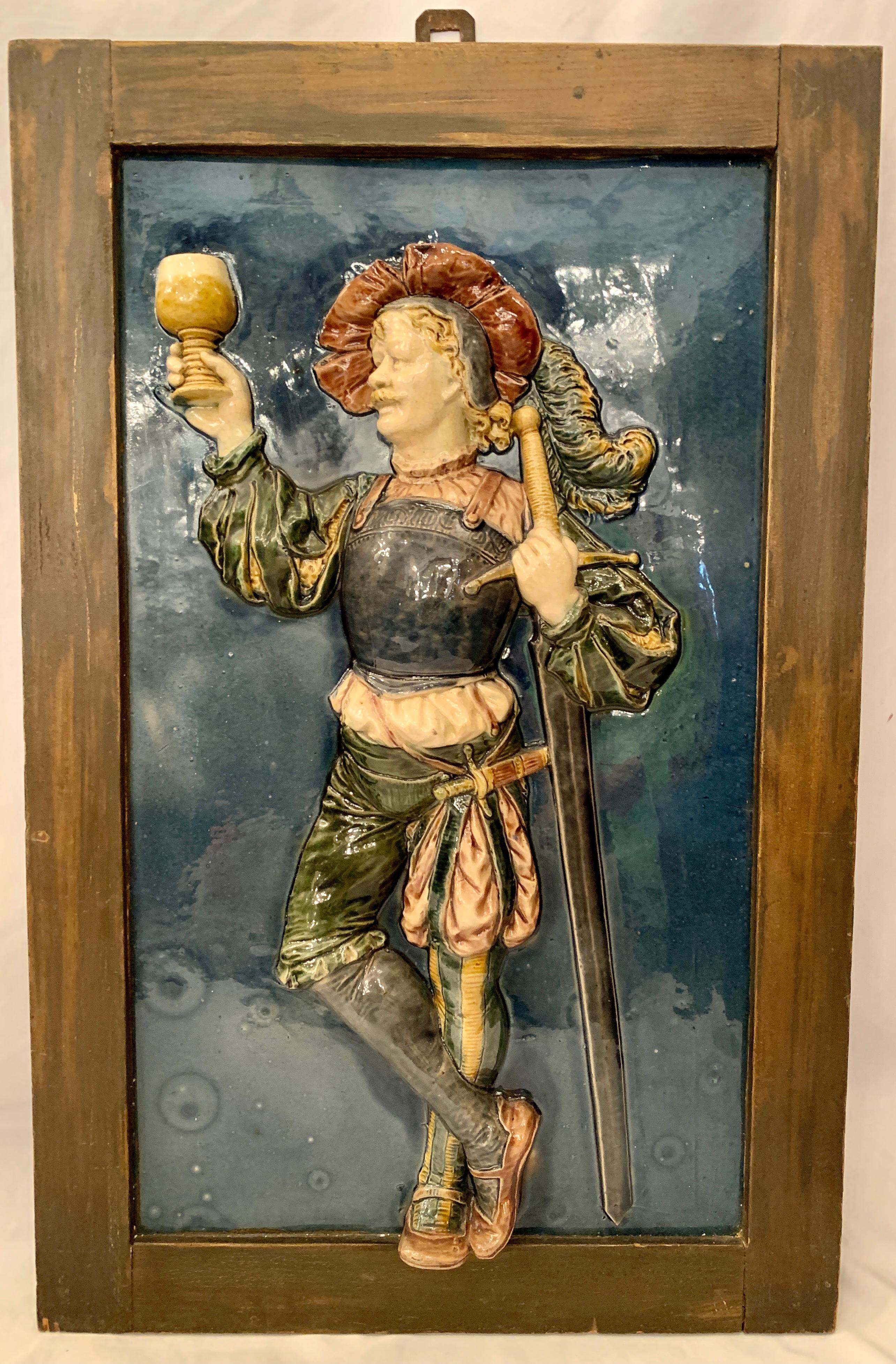 Pair Antique French Majolica High Relief Plaques, Louis XIV Musketeers, Ca. 1900 In Good Condition In New Orleans, LA