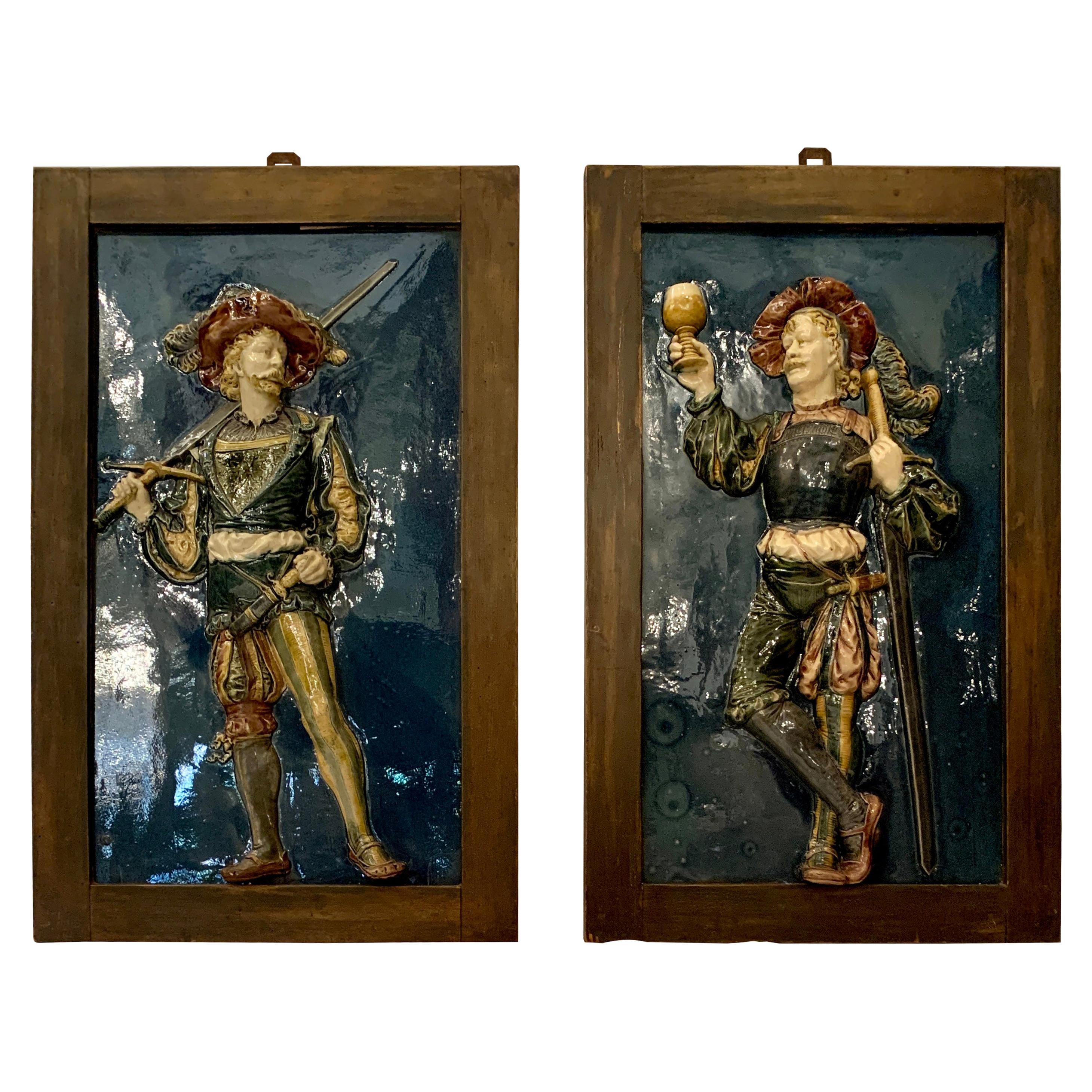 Pair Antique French Majolica High Relief Plaques, Louis XIV Musketeers, Ca. 1900