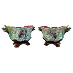 PAIR Antique French Majolica Jardinières Insect Musician Cache Pot Planter c1880