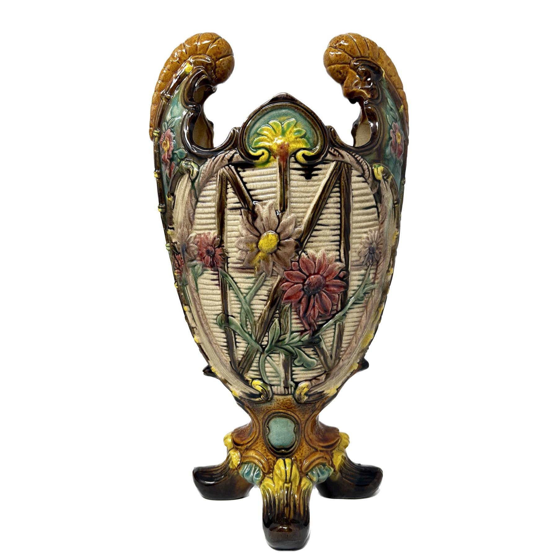 Pair Antique French Majolica Porcelain Multi-Colored Urns, Circa 1890. In Good Condition For Sale In New Orleans, LA