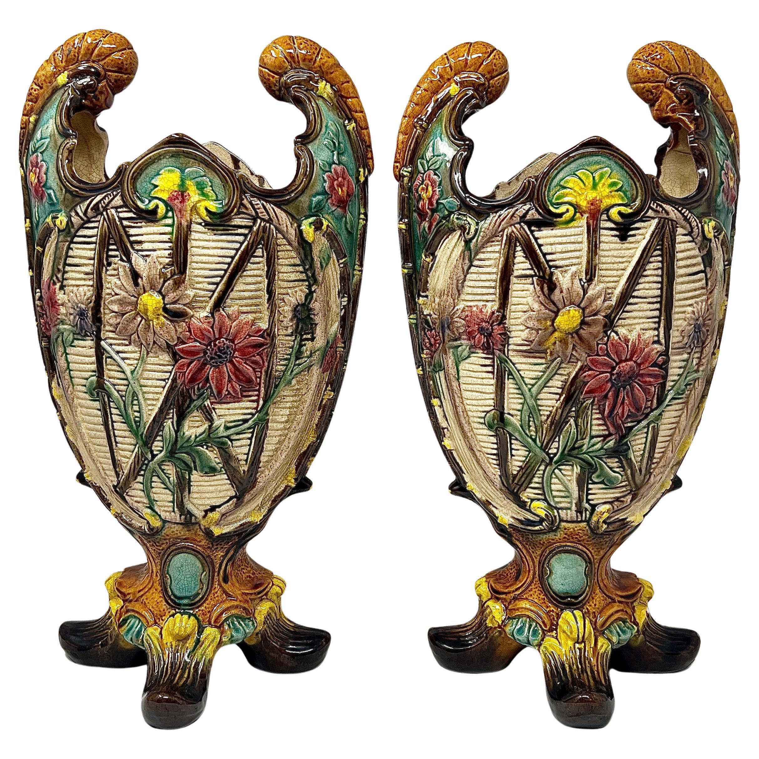 Pair Antique French Majolica Porcelain Multi-Colored Urns, Circa 1890. For Sale