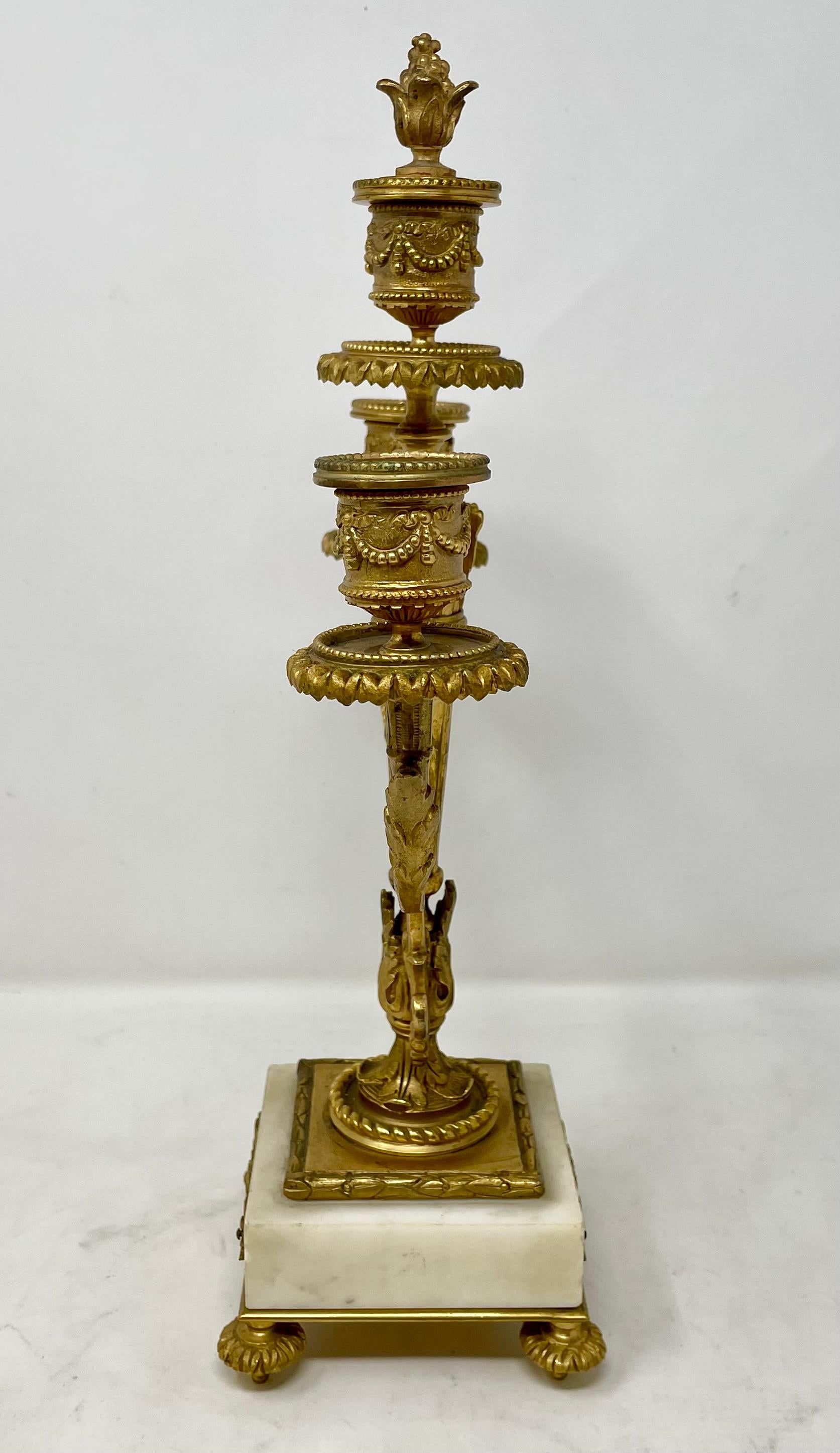 Pair Antique French Marble and Gold Bronze Candelabra, Circa 1880's In Good Condition In New Orleans, LA