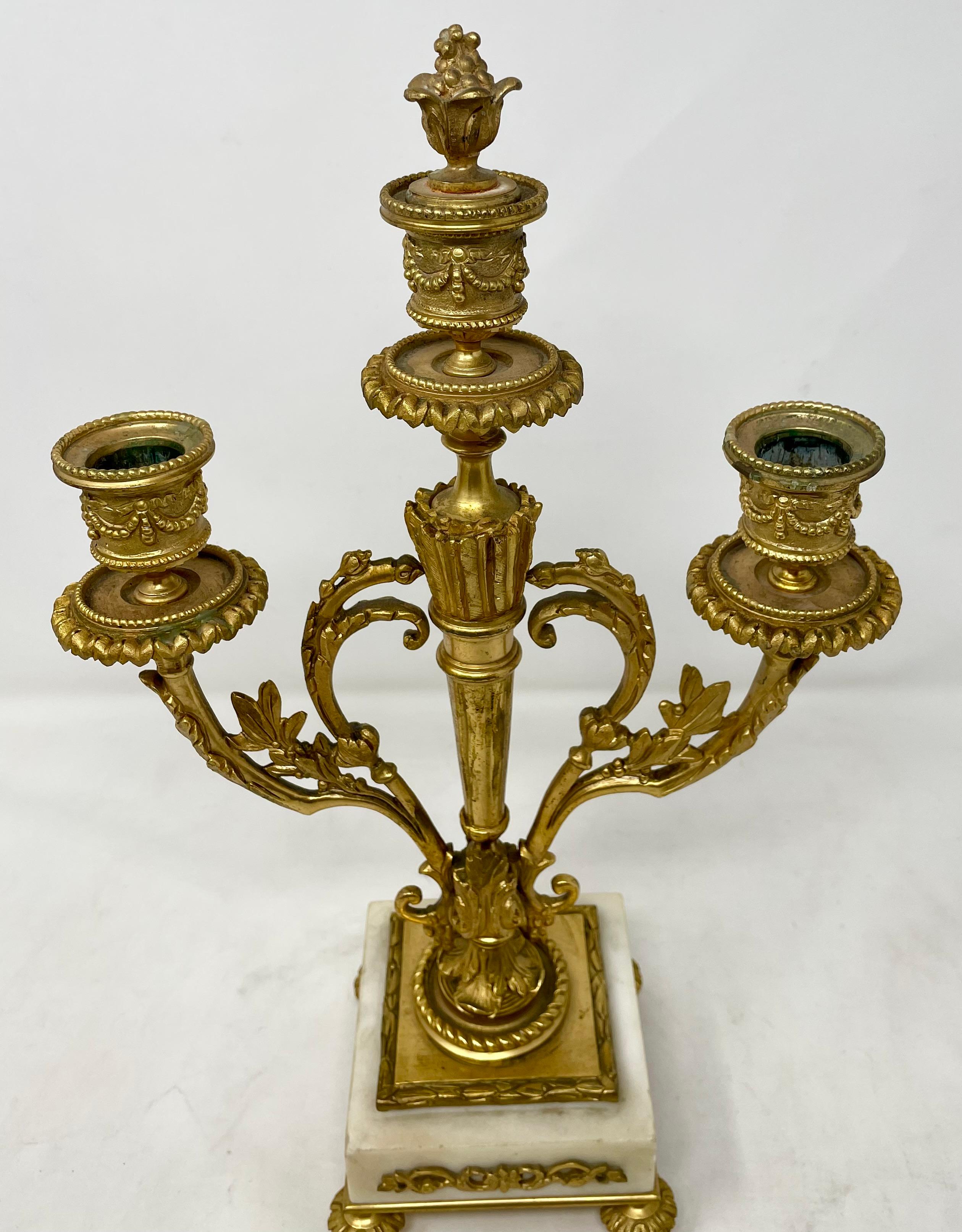 19th Century Pair Antique French Marble and Gold Bronze Candelabra, Circa 1880's