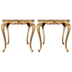 Pair Antique French Marble Top Gilt Tables, circa 1890
