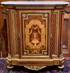 Pair Antique French Marquetry Marble Top Cabinets with Ormolu Mounts, Circa 1880