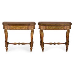 Pair Antique French Marquetry Parquetry Ormolu Games Card Tables