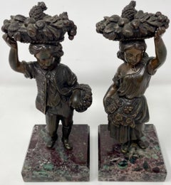Pair Antique French Miniature Boy and Girl Bronzes on Marble Bases