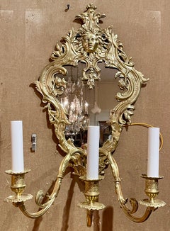 Pair Antique French Mirrored Gold Bronze 3 Light Wall Sconces, Circa 1885-1900.