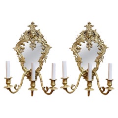 Pair Antique French Mirrored Gold Bronze 3 Light Wall Sconces, Circa 1885-1900.