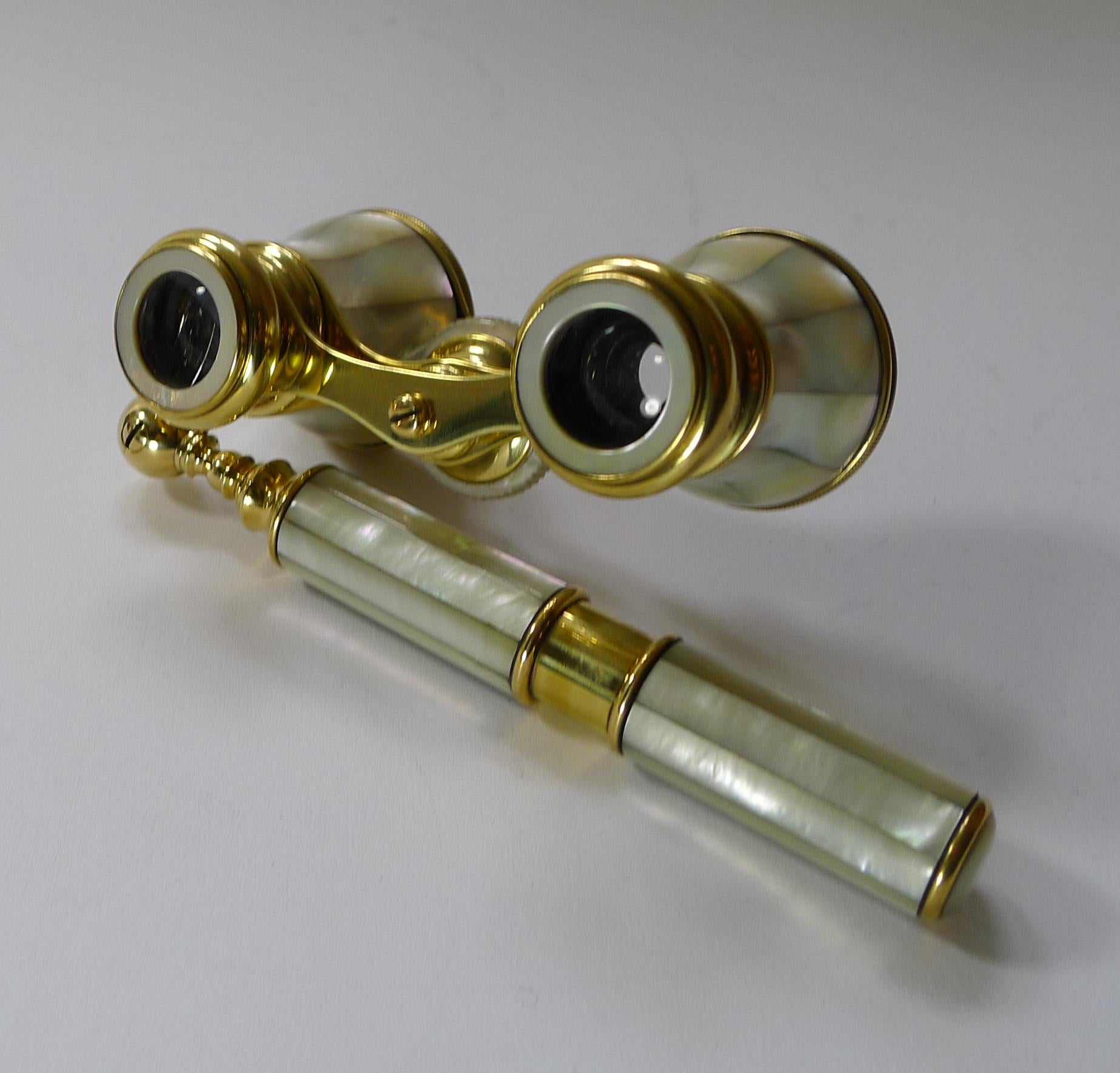 Brass Pair Antique French Mother of Pearl Opera Glasses c.1900, Lorgnette Handle