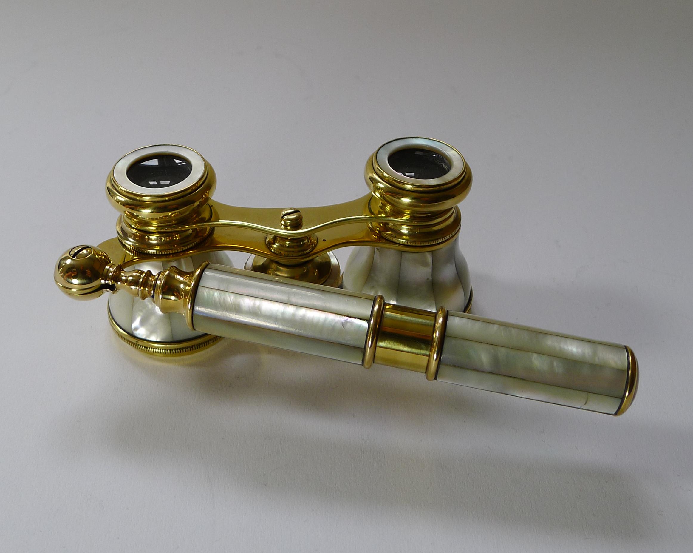 Pair Antique French Mother of Pearl Opera Glasses c.1900, Lorgnette Handle 1