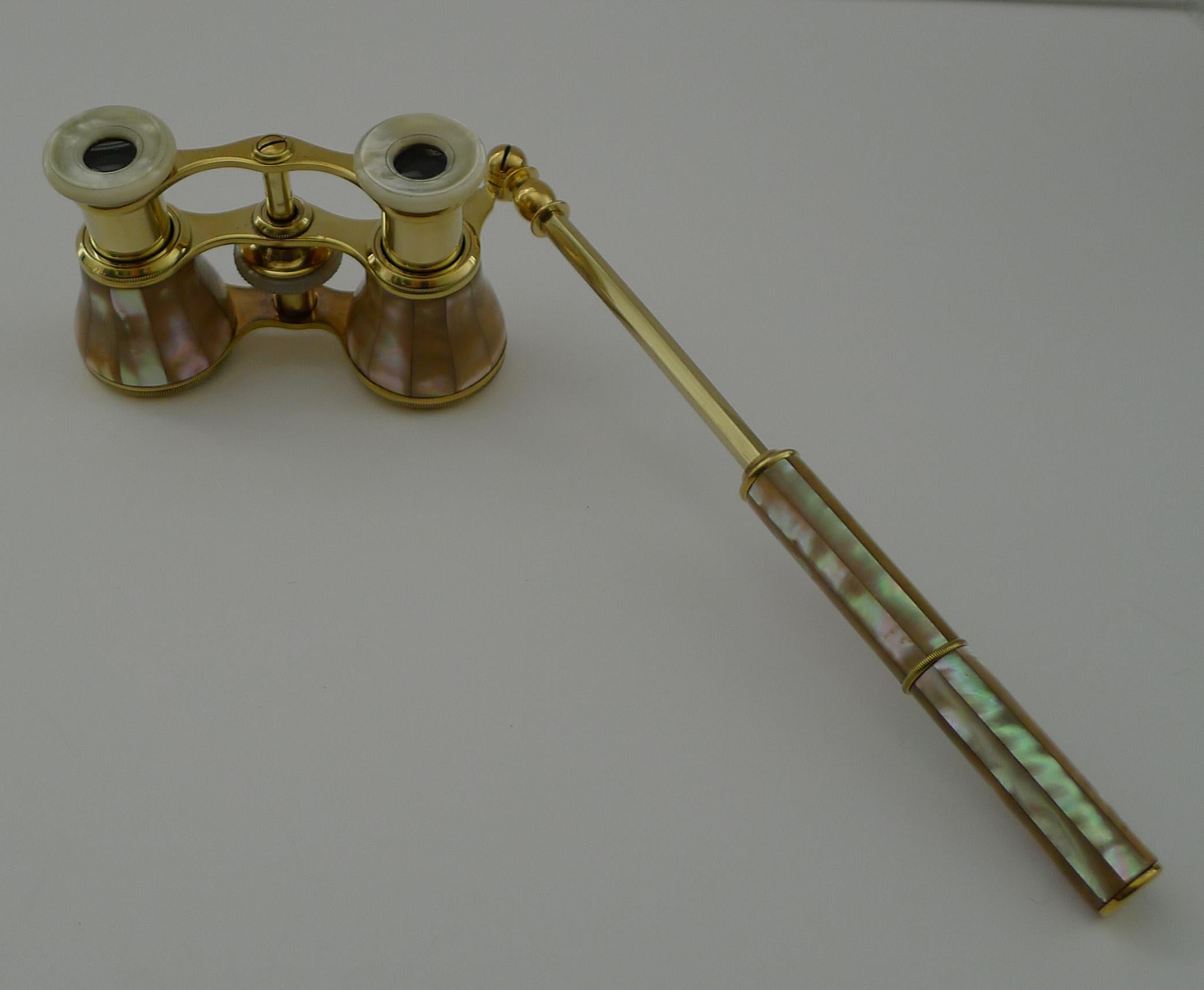 Brass Pair Antique French Mother of Pearl Opera Glasses c.1910 - Lorgnette Handle