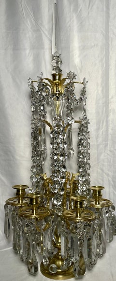 Pair Antique French Napoleon III Gold Bronze & Crystal Girandoles / Candelabra