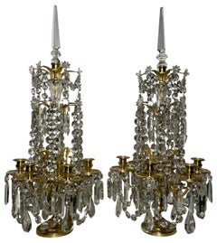 Pair Antique French Napoleon III Gold Bronze & Crystal Girandoles / Candelabra