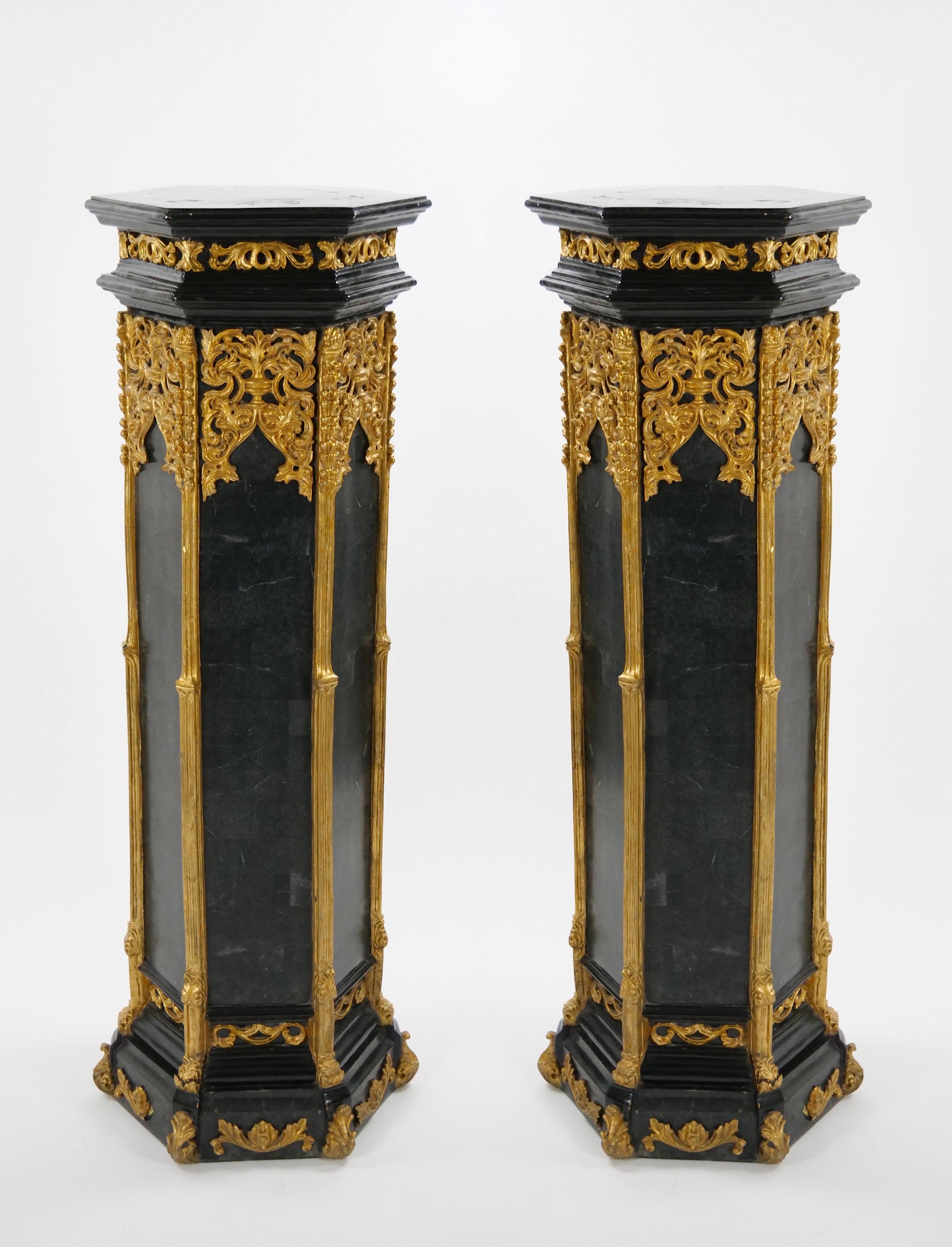 Pair Antique French Napoleon III Marble Ebonized / Gilt Wooden Pedestals For Sale 12