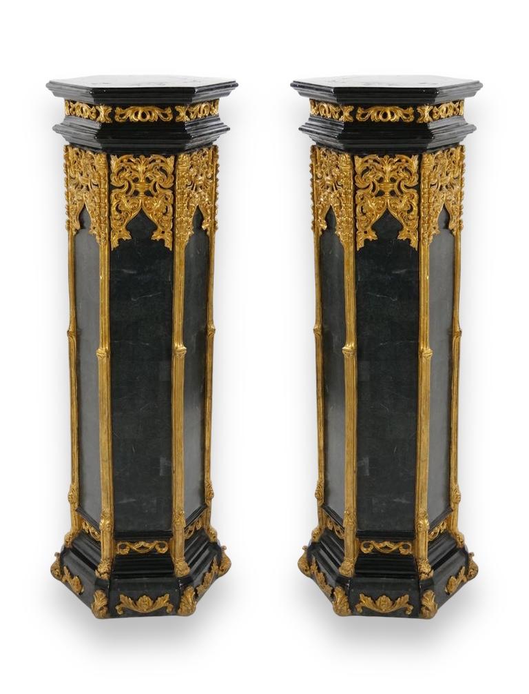 Elevate your decor with this exquisite Pair of Antique French Napoleon III Ormolu-Mounted Inlay Marble Ebonized/Gilt Wooden Pedestals. These pedestals are a true testament to the opulence and craftsmanship of the Napoleon III era, designed to
