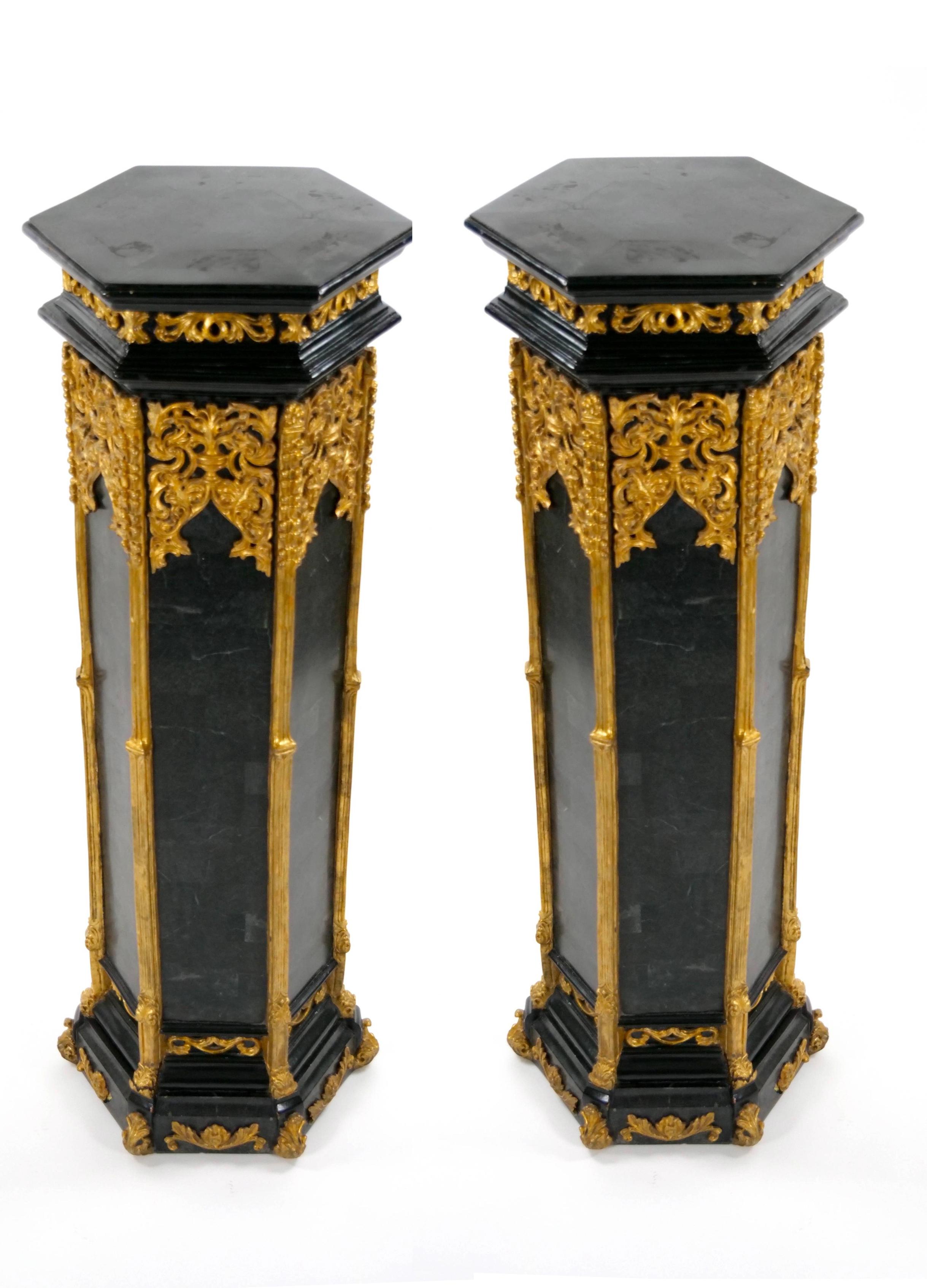 19th Century Pair Antique French Napoleon III Marble Ebonized / Gilt Wooden Pedestals For Sale
