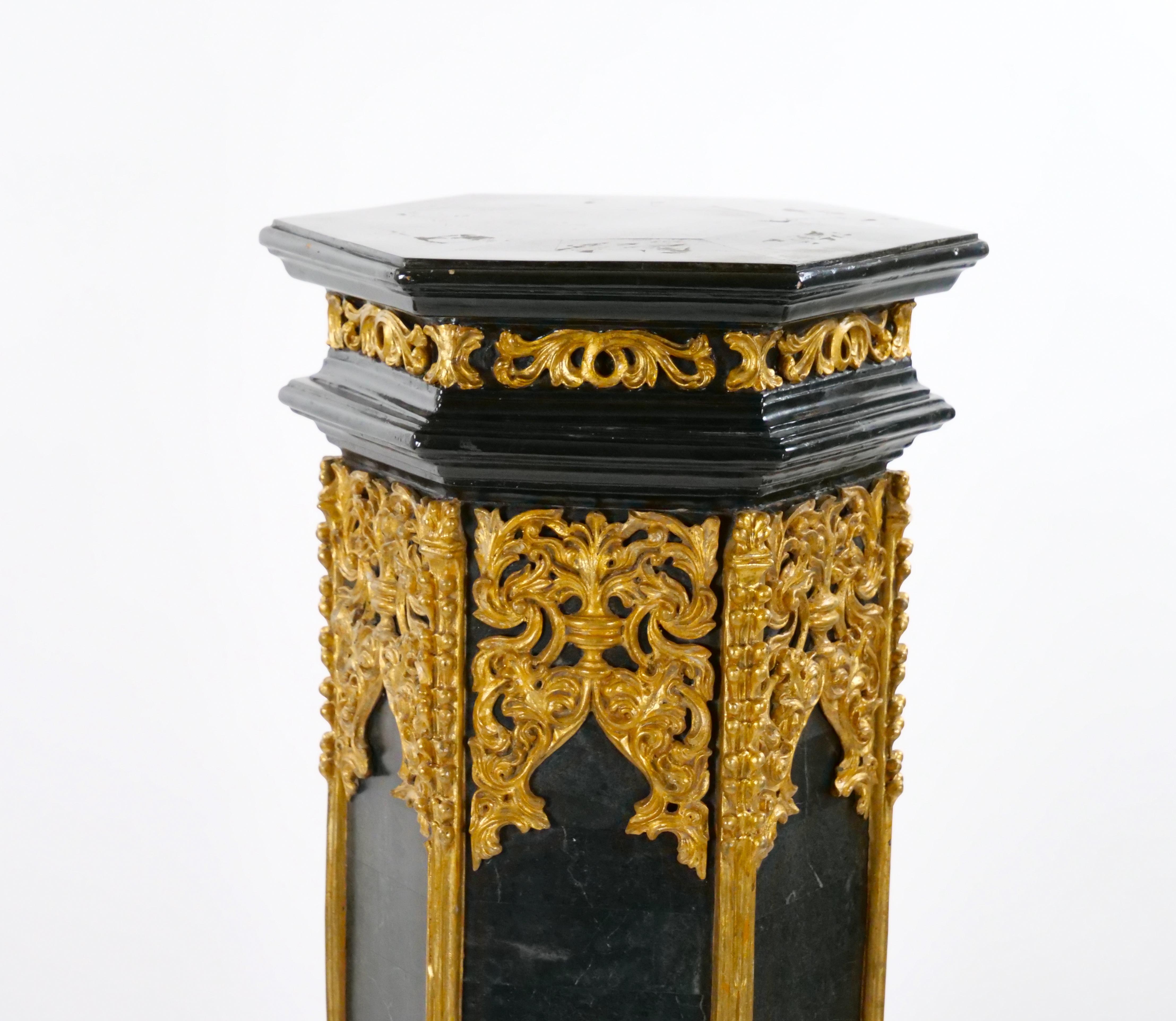 Pair Antique French Napoleon III Marble Ebonized / Gilt Wooden Pedestals For Sale 3