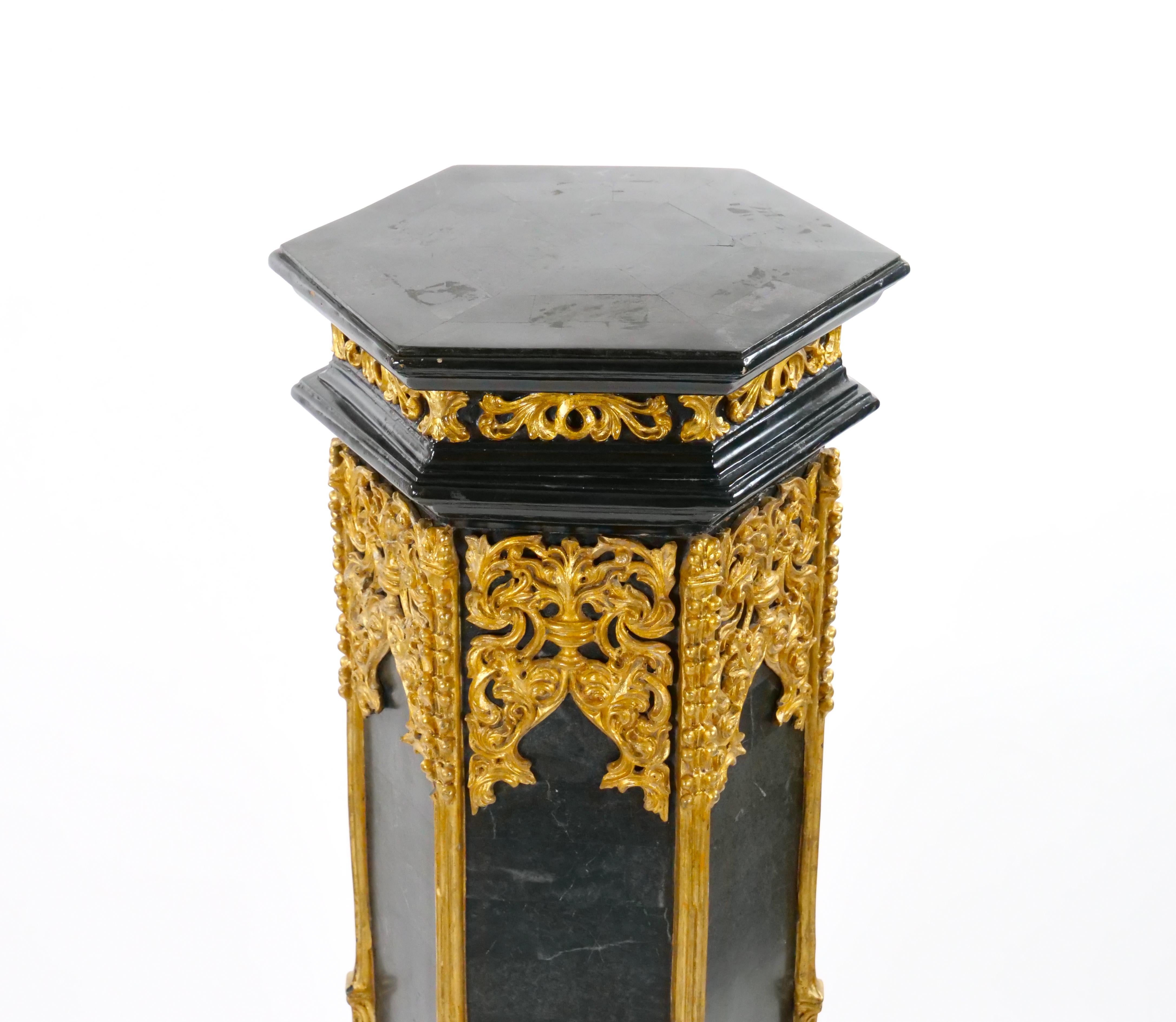 Pair Antique French Napoleon III Marble Ebonized / Gilt Wooden Pedestals For Sale 4