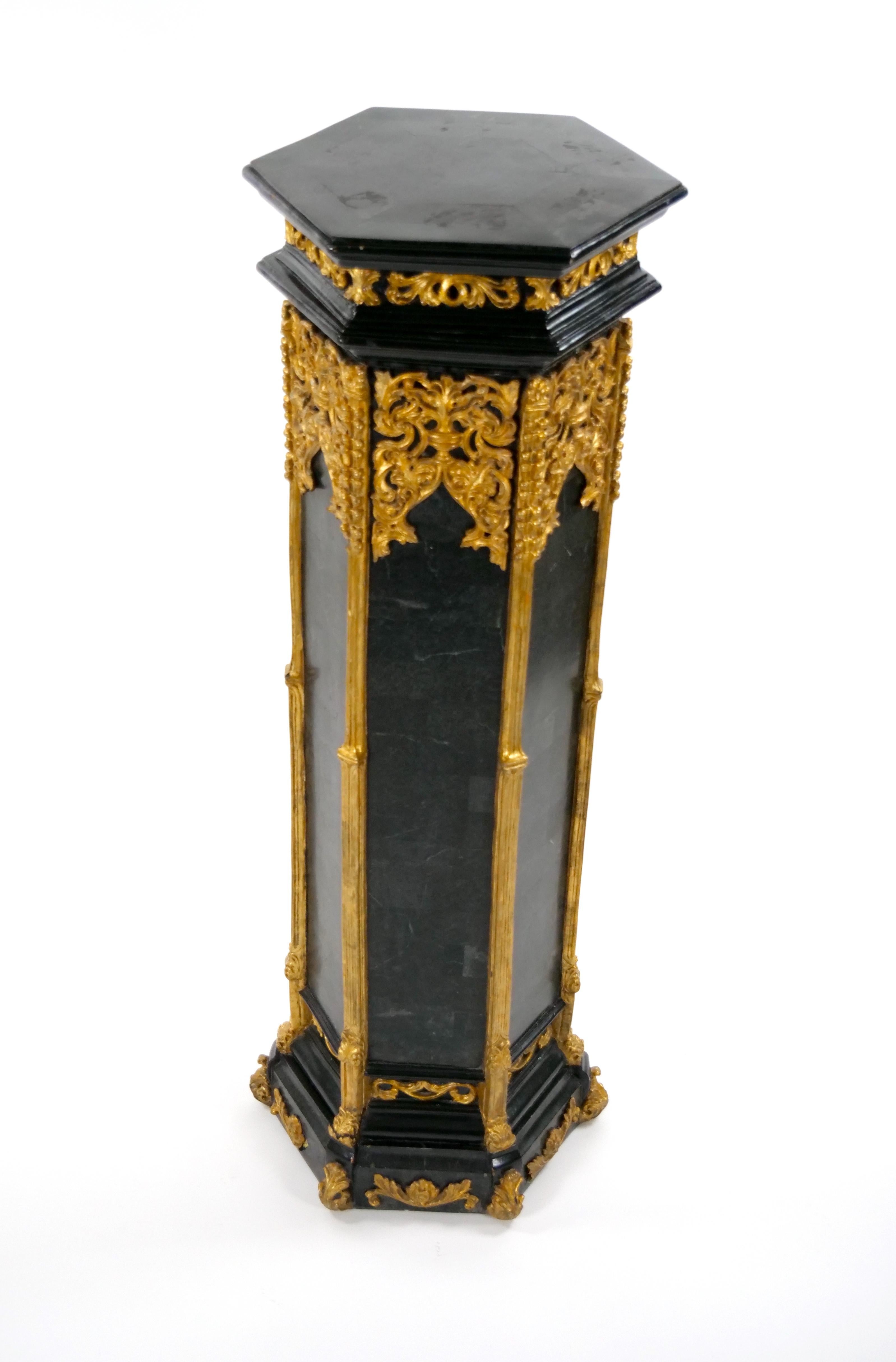 Pair Antique French Napoleon III Marble Ebonized / Gilt Wooden Pedestals For Sale 5