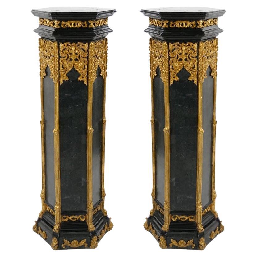 Pair Antique French Napoleon III Marble Ebonized / Gilt Wooden Pedestals For Sale