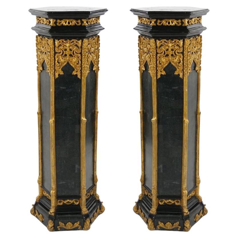 Par Antique French Napoleon III Marble Ebonized / Gilt Wood Pedestals